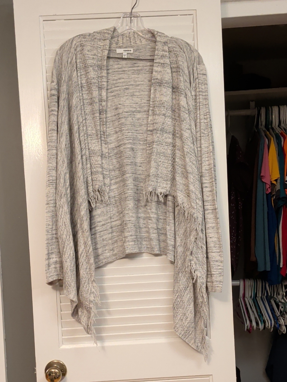 Sonoma Light Gray Marled Fringe Draped Open-Front Cardigan